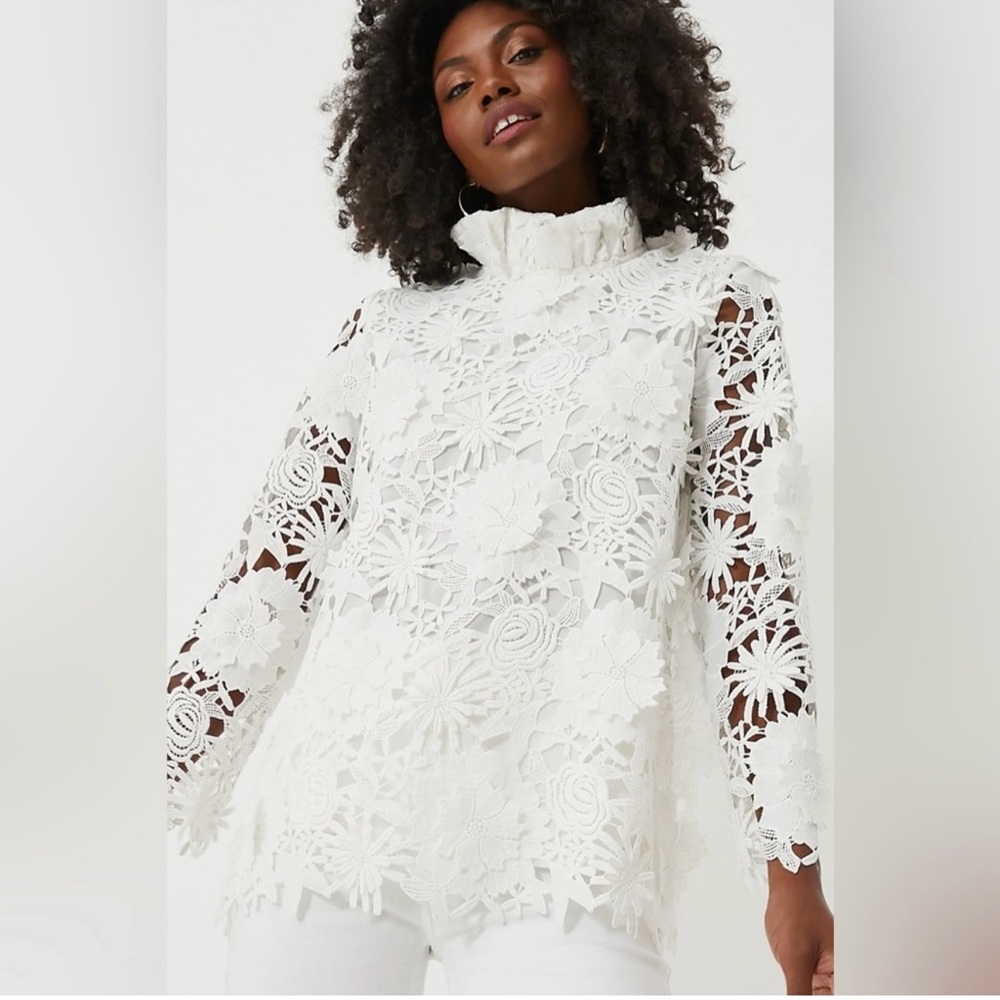 Tuckernuck White Guipure Lace Faye Blouse L Sleeveless Top Ruffle Bow Tie po